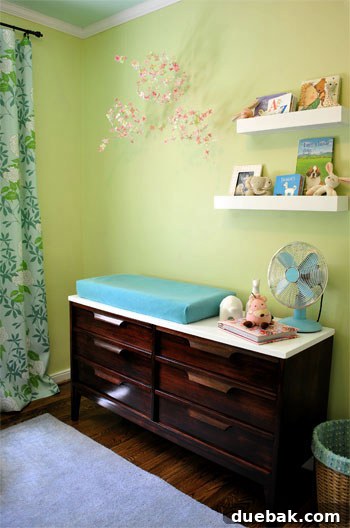 Emerald and Aqua Dreams for Our Girl 11 Craigslist dresser repurposed as a changing table, with DIY mobile and wall shelves above