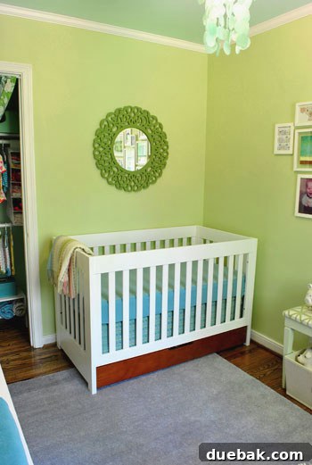 Emerald and Aqua Dreams for Our Girl 19 Crib in the corner of the nursery with a no-sew crib skirt and a built-in storage drawer