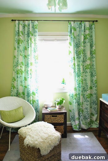 Emerald and Aqua Dreams for Our Girl 6 Nursery window with DIY no-sew curtains, making the small window appear larger and centered