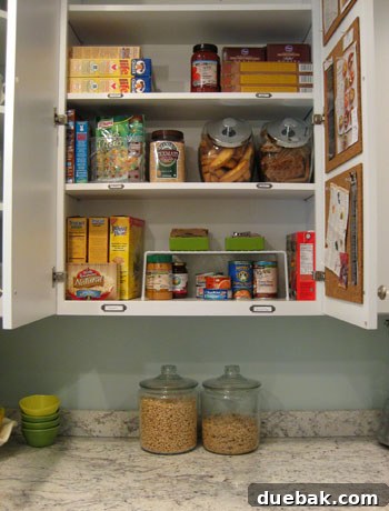 Fully organized and clean kitchen cabinet after makeover