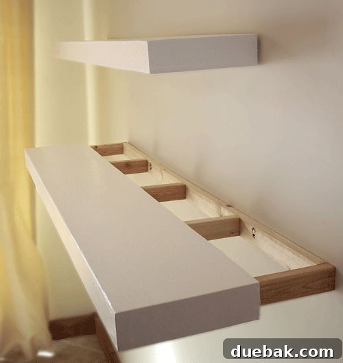 Image showing a wood shelf box gracefully sliding over a frame already mounted on the wall, creating DIY floating shelves in the elegant style of Ikea