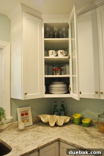 Before photo of a cluttered glass-front kitchen cabinet
