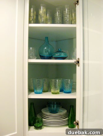 Close-up of the top shelf in the refreshed glass cabinet