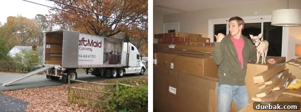 Living room filled with Kraftmaid kitchen cabinet boxes awaiting installation