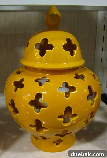 My HomeGoods Daydream 3 Mustard cut-out urn, a smaller decorative piece with a Moroccan vibe.