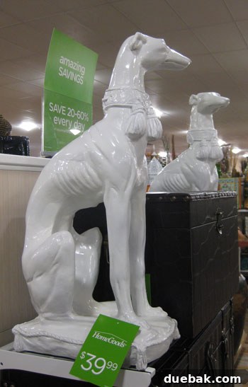 My HomeGoods Daydream 5 Oversized white lacquered greyhound statues, elegant and playful decor.