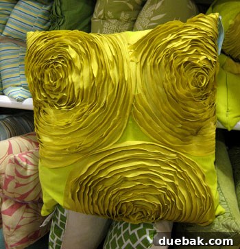 My HomeGoods Daydream 10 Romantic ruffled pillow with raw silk embellishments in greeny-yellow.