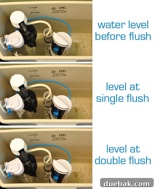 Upgrade Your Toilet with a Dual-Flush Kit 10 Image showing the visible difference in water levels after a light flush and a full flush during dual-flush toilet conversion testing.