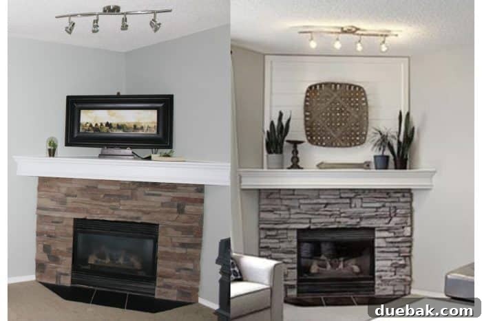 A fireplace before and after a DIY project of whitewashing stone and shiplap a corner fireplace.