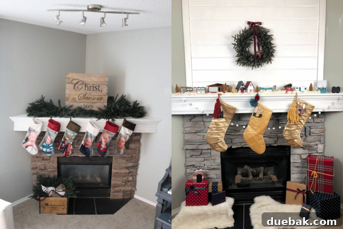 Before and after of the same corner fireplace with whitewashed stone and a shiplap fireplace detail. Both fireplaces are decorated for Christmas.
