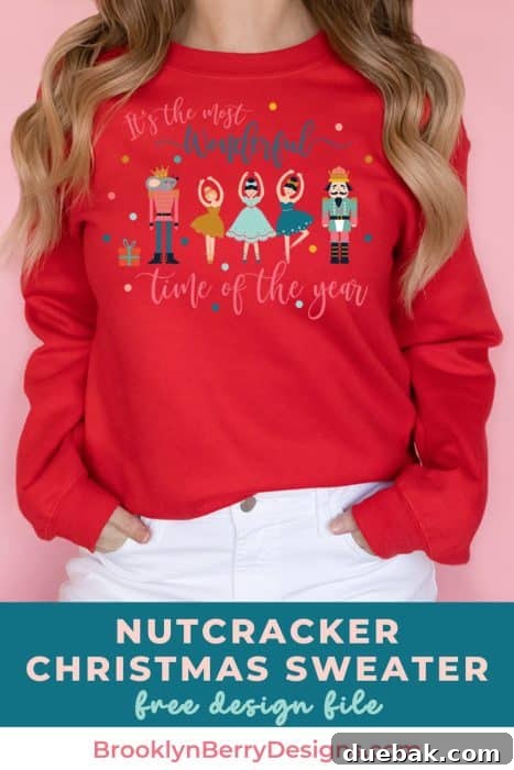 Nutcracker Wonderland Digital Graphics 5 Woman proudly wearing a red sweatshirt adorned with the Nutcracker Christmas design.
