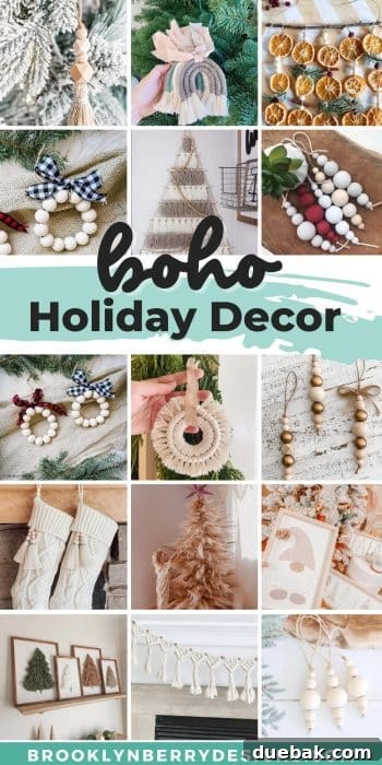 Boho Christmas display with bottle brush trees and natural elements.