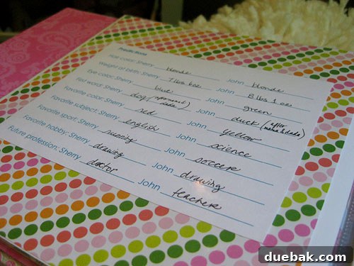 A page from the DIY baby book titled 'Future Predictions' with whimsical guesses about the baby's future.