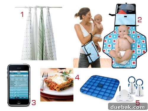A collage of five essential baby products: swaddle blankets, a diaper clutch, an iPhone, a lasagna dish, and a baby monitor.