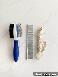 Macrame supplies including a pet brush, comb, and white cotton cord.