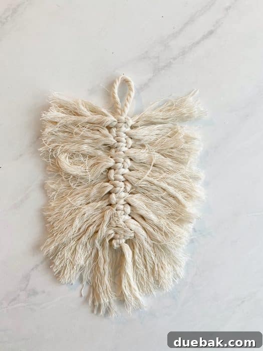 Simple macrame cords being brushed out to form a feather shape.