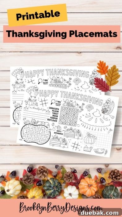 Print-Ready Thanksgiving Placemat Designs 5 A flatlay image of printed placemats for kids to color on during thanksgiving dinner.