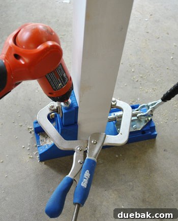 From Door to Desk: Craft Your Perfect DIY Workspace 14 Kreg Jig being used on a desk leg