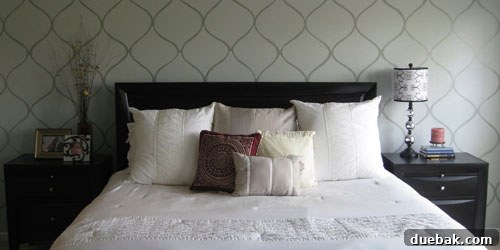 Creating a Faux Wallpaper Silver Wall Stencil 4 Close-up of the elegant custom paint stencil pattern on the wall, highlighting the subtle tone-on-tone colors and intricate details that give a wallpaper effect.