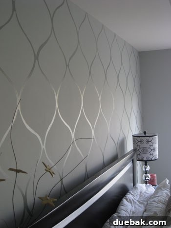 Creating a Faux Wallpaper Silver Wall Stencil 5 Another view of the transformed room, showcasing how the custom stenciled wall pattern harmonizes with the surrounding decor, creating a cohesive and stylish space.