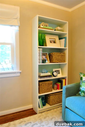 Styling the customized Billy Bookcase with baskets and decor