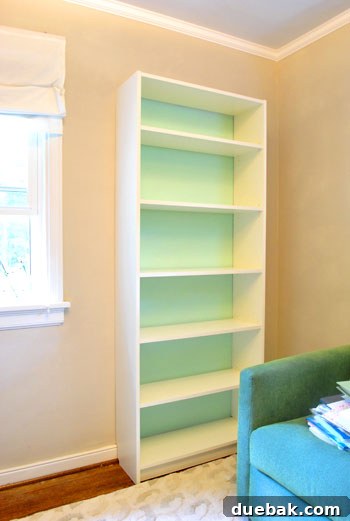 Full view of the customized Billy Bookcase after painting the back wall