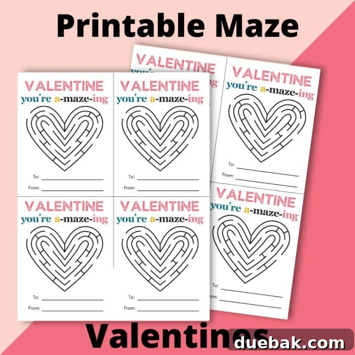 Close-up of a child's hand holding a printable Valentine's Day maze card with a heart maze design
