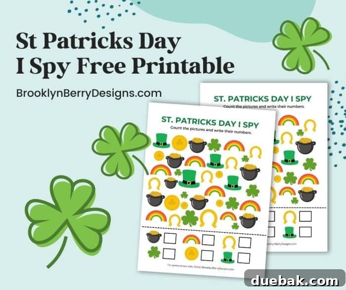 Lucky St. Patrick's Day I Spy Printable 2 A child's hands pointing at St. Patrick's Day I Spy printable game featuring leprechauns, shamrocks, and gold coins.