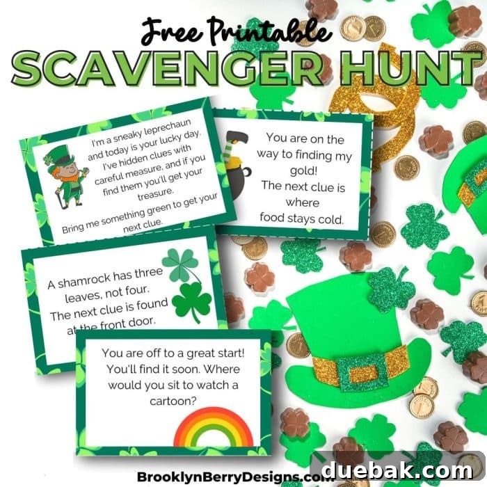 Free printable St. Patrick's Day scavenger hunt clue cards for kids' activities