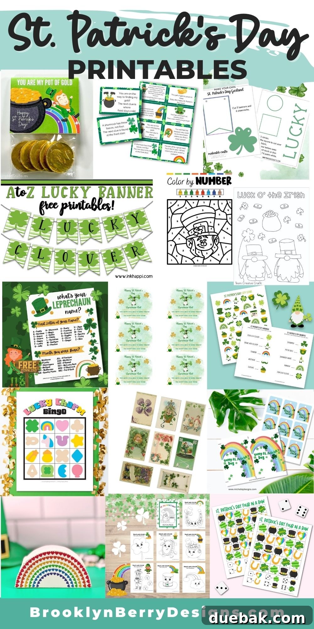 Collection of free printables for St. Patrick's Day: banners, gift tags, bag toppers, scavenger hunts, coloring pages, and games