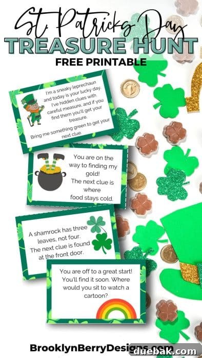 Vertical Pinterest pin image for printable St. Patrick's Day scavenger hunt