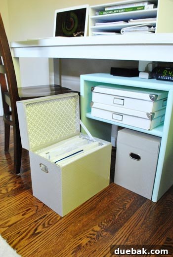 The gray file box fully open, showcasing its hanging file system for documents like insurance and bills.
