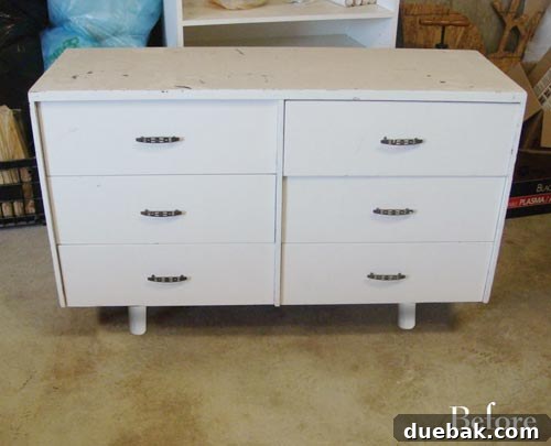 Before and during stages of the dresser makeover, showing the original painted finish and parts of the wood being revealed.