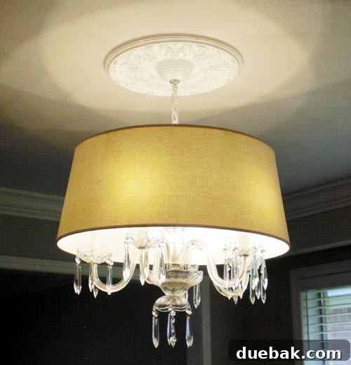 Transformed chandelier with white drum shade and painted chain