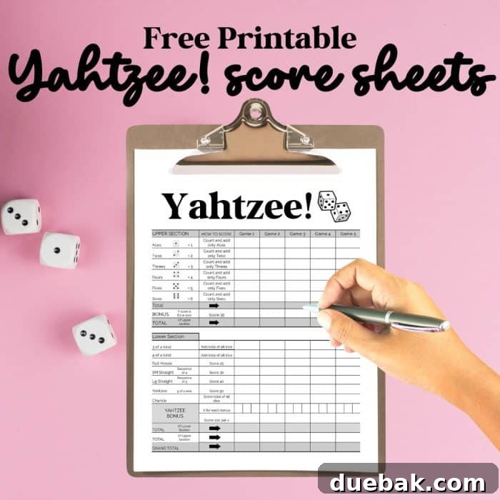 yahtzee score sheet on a colorful background with dice