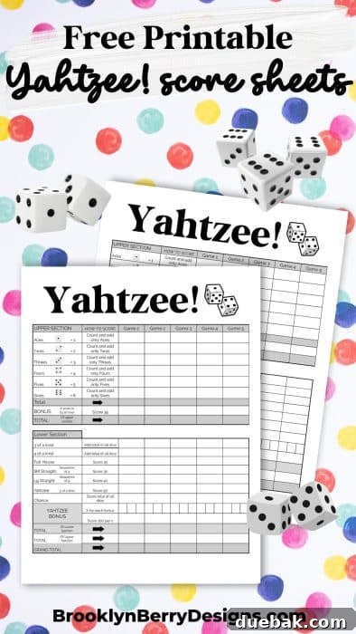yahtzee score sheet on a colorful background with dice
