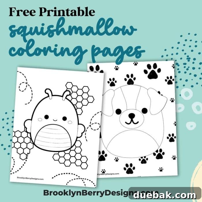 Adorable Squishmallow Coloring Fun 2 Two adorable Squishmallow characters on coloring pages, set against a teal background with abstract shapes, ready for creative coloring.