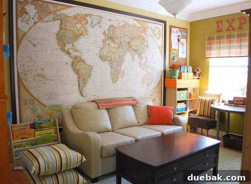 Elevate Your Workspace: Desk Wall Art 6 Reader's playroom with a large roll-down map