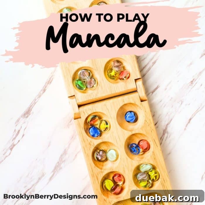 A beautiful wooden Mancala board game with colorful stones, ready for play. Perfect for illustrating the ancient game and its rules.