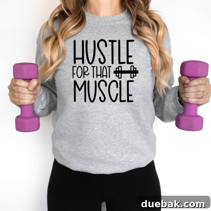 Hustle For That Muscle Free Fitness SVG Files design on a t-shirt, perfect for motivating yourself at the gym.
