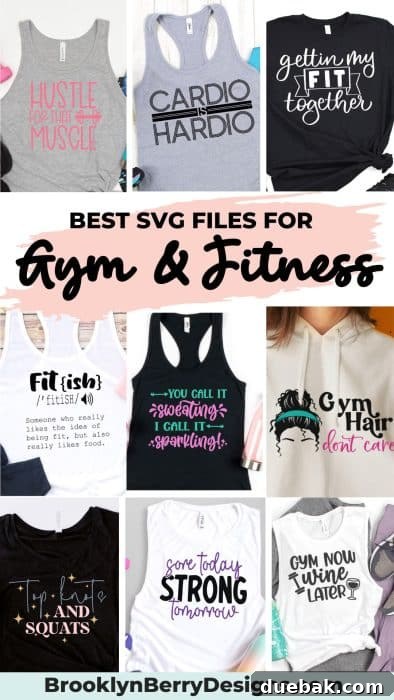 Essential Workout SVG Files for Cricut Users 12 A vibrant collage of workout shirts showcasing a diverse collection of free fitness SVG files, expertly cut and applied using a Cricut machine, highlighting personalized gym wear.