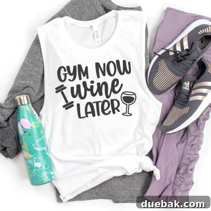 Workout SVG Cut Files featuring 'Gym Now Wine Later' slogan, a humorous take on fitness and relaxation.