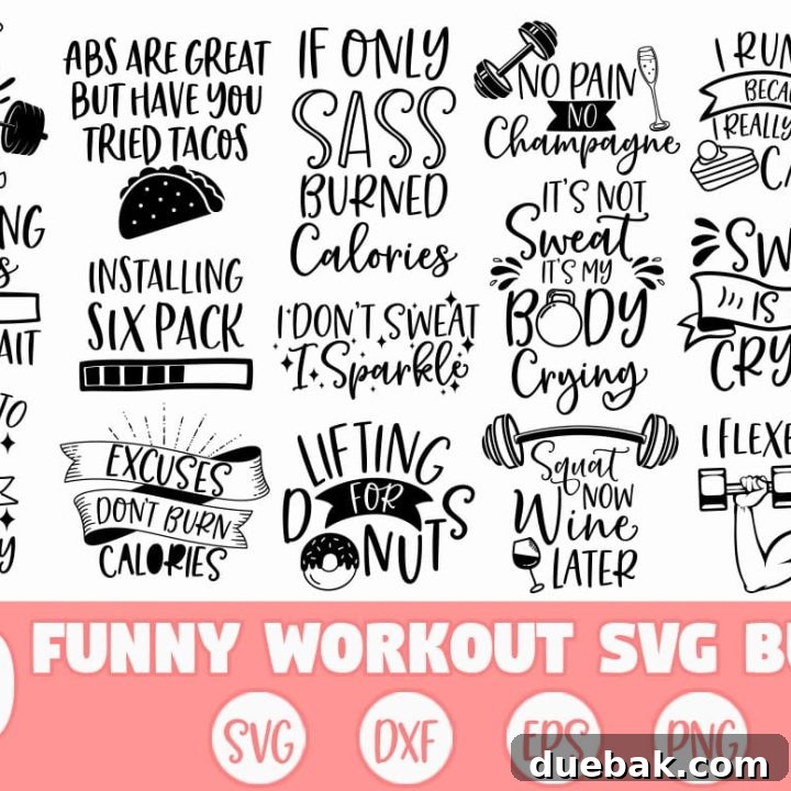 Funny Workout SVG Bundle with sarcastic and witty designs for gym enthusiasts.