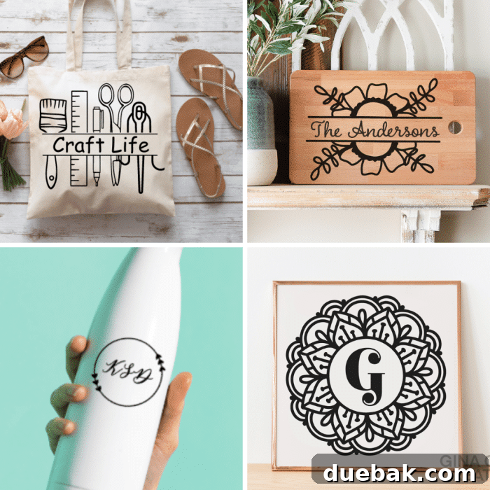 A third collage of diverse free monogram SVG options, including craft-themed and intricate patterns.