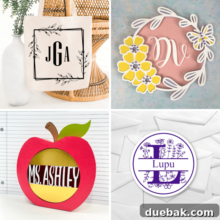 A fourth set of free monogram SVG files, showcasing geometric and nature-inspired frames.