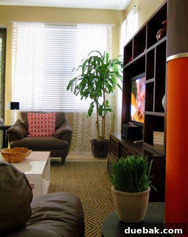 Worldly Living Room Makeover After 3 A third view of Tiffany's global modern family room, highlighting the harmonious interplay of patterned curtains, an elegant rug, and chic accessories.