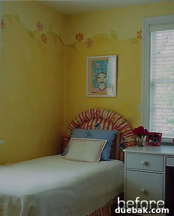 Before shot of a cluttered, colorful little girl's bedroom, awaiting a teenage makeover.