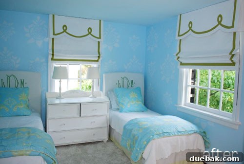 After shot of a serene blue teenage girl's room with two beds and elegant decor, post-makeover.