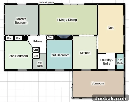 Old floorplan showing a house with multiple bright, varied paint colors in different rooms, representing a 'rainbow' scheme.