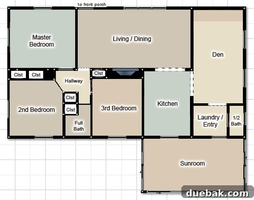 New floorplan showing a house with a unified, warm neutral paint color scheme throughout most rooms, indicating a cohesive design.
